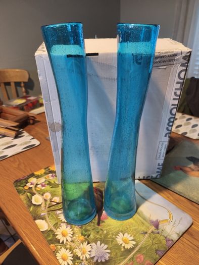 Pair of mid century blue glass vases, Art Glass Soda Bubbles Glass Vase Turquoise Drunken Glass Vase, bubbles trapped in the glass