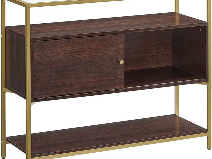 Sideboard Kitchen Cabinet Storage Cabinet with Sliding Door Tempered Glass Side Table Open Compartment Industrial Design for Dining Living Room Chocolate Brown Matt Gold