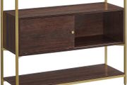 Sideboard Kitchen Cabinet Storage Cabinet with Sliding Door Tempered Glass Side Table Open Compartment Industrial Design for Dining Living Room Chocolate Brown Matt Gold