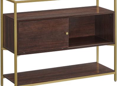 Sideboard Kitchen Cabinet Storage Cabinet with Sliding Door Tempered Glass Side Table Open Compartment Industrial Design for Dining Living Room Chocolate Brown Matt Gold