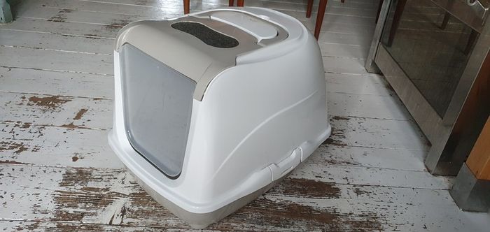Cat litter box with swinging door