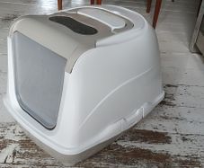 Cat litter box with swinging door
