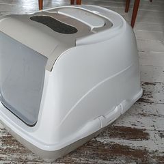 Cat litter box with swinging door