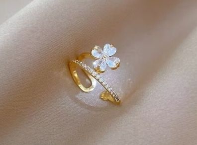 Flower Crystal Adjustable Gold Tone Ring