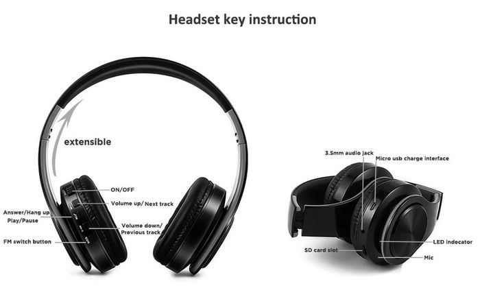 Wireless Headphones Bluetooth Stereo FM Radio Build-in MIC with 3.5mm Jack