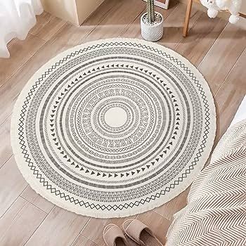 FREE P&P Round Rug Bohemian 4ft Circle Area Rug Cotton Rugs with Geometric Pattern Printed Hand Woven Circle Carpet with Tassels Indoor Floor Mat for Home Kitchen Living Room Bedroom