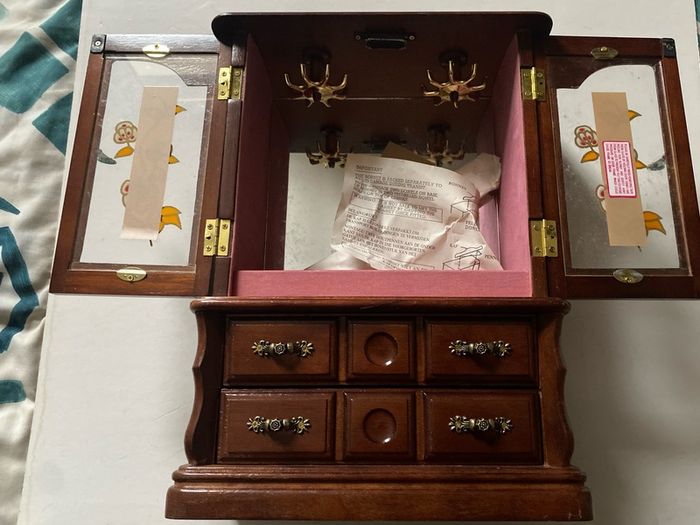 jewellery box Vintage Wooden Wardrobe Jewelry Armoire Box Floral Glass Double Doors & 5 Drawers