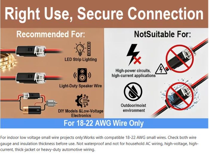 120pcs Double Wire Plug-In Connectors, 2-Pin Low Voltage Quick Connectors with Locking Buckle, No-Stripping Connectors for 18-22 AWG LED Strip, Speaker Wire, Wiring