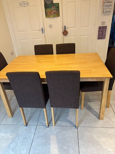 Table & 6 Brown Fabric Chairs