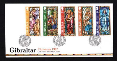 1997 Gibraltar Christmas Stamps - Stained Glass Commemorative Stamps First Day Cover (FDC).
