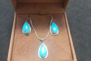 Vintage Sterling Silver Turquoise Teardrop Pendant Necklace &amp; Earring Set Boxed