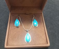 Vintage Sterling Silver Turquoise Teardrop Pendant Necklace & Earring Set Boxed