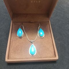 Vintage Sterling Silver Turquoise Teardrop Pendant Necklace & Earring Set Boxed