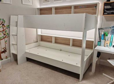 Leo bunk bed with shelving + IKEA ASVANG single mattress