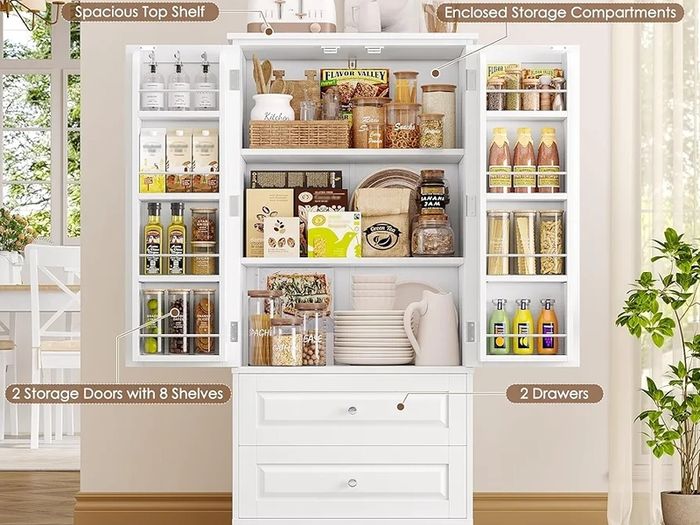 Kitchen Cupboard Tall Kitchen Cabinet Pantry Cupboard with 2 Doors Storage Free Standing Sideboard Storage Cabinet, 2 Drawers, Adjustable Shelves 60x40x120cm White