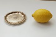 Vintage silver-plated small tray made by Viners in Japan with ornate, scalloped border