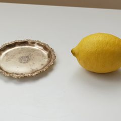 Vintage silver-plated small tray made by Viners in Japan with ornate, scalloped border