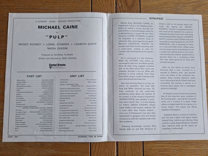 1972 PULP Press Kit Michael Caine