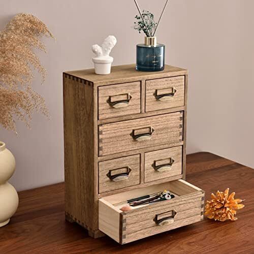 Wood Storage Drawer Units Desktop Organiser Mini Chest of Drawers Vintage Cabinet 6 Drawers