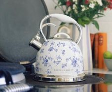Ashley Elveden Navy Stainless Steel 2.5L Stove Top Kettle. Fast Boil Whistling Kettle for Gas Hob, Induction Hob. Silicon Coated Cool Handle Gas Stove Camping Kettle. Compatible with Aga Stove