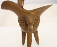 Chinese bronze ritual tripod jue wine vessel