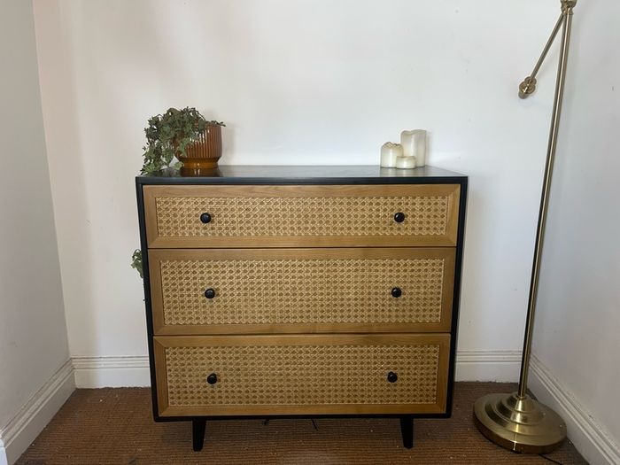 Black wood and Rattan chest of drawers