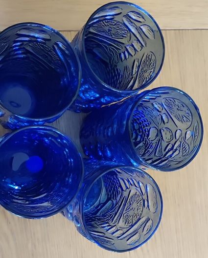 Set Of 5 Vintage Blue Fruit Embossed Design Tumblers / 5 glasses / Neiman Marcus / 1970s
