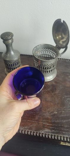 Pewter Condiment Set, blue glass and pewter design. mustard and salt