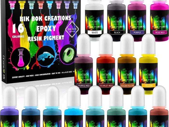 16 Highly Concentrated Resin Pigment Liquid Dye by Bik Bok Creations - 16 Epoxy Colours Lightfast Intense and Inter-mixable, Perfect for Jewellery Making and Other DIY Arts and Crafts (FREE POSTAGE)