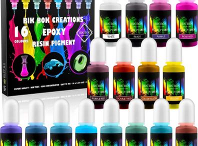 16 Highly Concentrated Resin Pigment Liquid Dye by Bik Bok Creations - 16 Epoxy Colours Lightfast Intense and Inter-mixable, Perfect for Jewellery Making and Other DIY Arts and Crafts (FREE POSTAGE)
