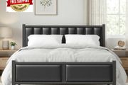 Double Bed Frame with Upholstered Headboard, 4ft6 Metal Beds with Heavy Duty Steel Slats Support Platform, Black Double Bed with Storage, Noise Free, Easy Assembly, No Box Spring Needed