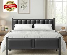 Double Bed Frame with Upholstered Headboard, 4ft6 Metal Beds with Heavy Duty Steel Slats Support Platform, Black Double Bed with Storage, Noise Free, Easy Assembly, No Box Spring Needed