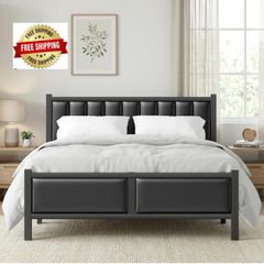 Double Bed Frame with Upholstered Headboard, 4ft6 Metal Beds with Heavy Duty Steel Slats Support Platform, Black Double Bed with Storage, Noise Free, Easy Assembly, No Box Spring Needed