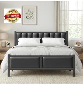Double Bed Frame with Upholstered Headboard, 4ft6 Metal Beds with Heavy Duty Steel Slats Support Platform, Black Double Bed with Storage, Noise Free, Easy Assembly, No Box Spring Needed