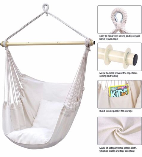 Swing Chair with Hardware Kit: Ohuhu XL Portable Hanging Chairs with 2 Cushions Detachable Metal Support Bar Side Pocket for Indoor Outdoor, Hammock Chair for Patio Bedrooms Teen Girls Room Decor (MULTIPLE COLOURS)