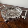 Vintage Glass Serving Dish in Ornate Metal Stand with Decorative Handles Image 5