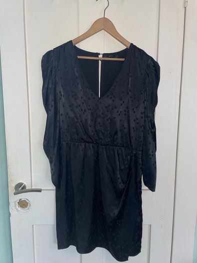Guess Black Polka Dot Satin Mini Dress | Puff Sleeves | V-Neck |