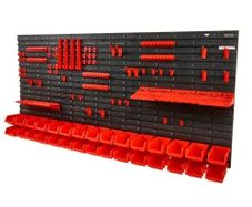 Wall Mounted Storage Bins, 30-Bin Parts Rack Organizer Garage Plastic Shop Tool with Wall Panels/Tool Holders/Hooks, Tool Organizer for Nuts, Bolts, Screws, Nails, Beads, Buttons, Black and Red