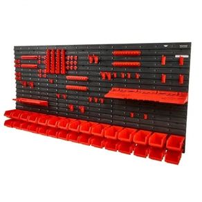 Wall Mounted Storage Bins, 30-Bin Parts Rack Organizer Garage Plastic Shop Tool with Wall Panels/Tool Holders/Hooks, Tool Organizer for Nuts, Bolts, Screws, Nails, Beads, Buttons, Black and Red