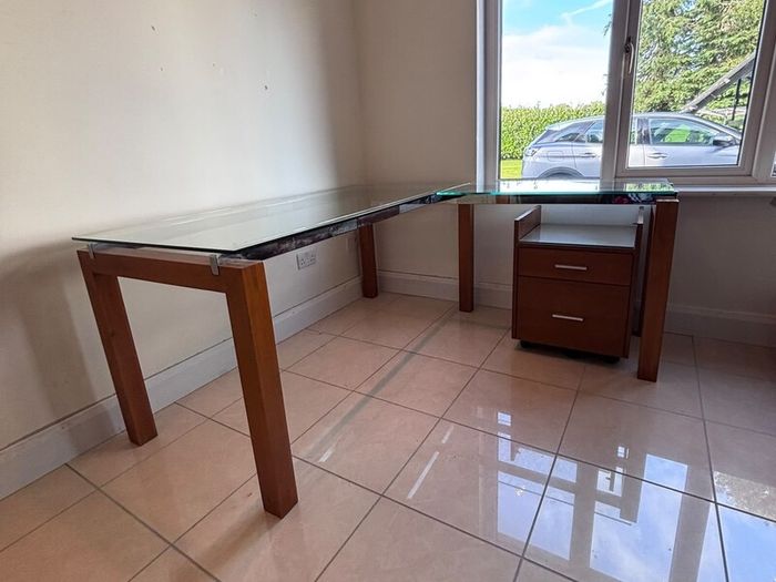 L-Shaped Corner Desk - Glass Top and Solid Wood