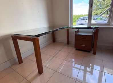 L-Shaped Corner Desk - Glass Top and Solid Wood