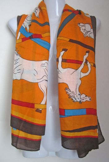 Stylish Ladies Large Orange Scarf Kerchief Wrap Shawl with White Horse Print