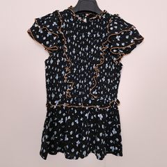 Mint Velvet Black Blue Floral Smocked Peplum Top Ruffle Sleeve Blouse 8UK/36EU