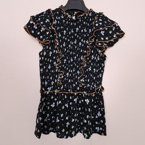 Mint Velvet Black Blue Floral Smocked Peplum Top Ruffle Sleeve Blouse 8UK/36EU