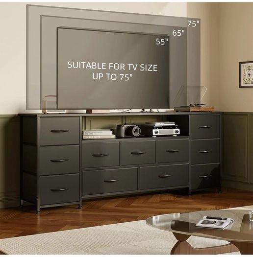 Tv Cabinet, Dresser for Bedroom with 11 Fabric Drawers, TV Stand with Power Socket for TVs up to 70 inchTV Units for Living Room, Bedroom, Black