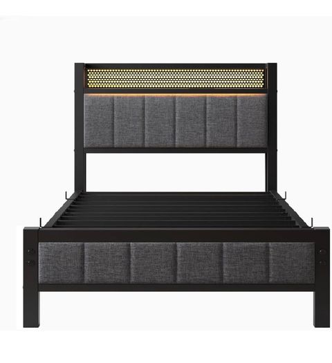 Single Bed Frame with Upholstered Headboard, No Box Spring Needed Wooden Storage Headboard Shelf, 3ft Upholstered Bed Frame with Charging Station/USB Ports and LED Lights (Gray Single Bed)