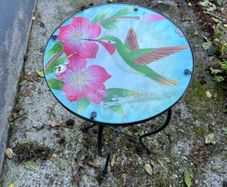 Hummingbird & Flower Glass Side Table / Occasional Table
