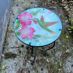 Hummingbird & Flower Glass Side Table / Occasional Table
