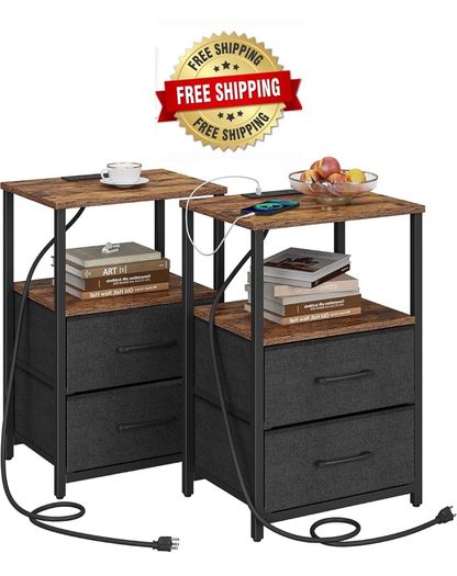 Bedside Table with Charging Station, Side Table with 2 USB Ports and Outlets, Nightstand with Cloth Drawer, Set of 2, End Table, Brown and Black