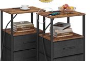 Bedside Table with Charging Station, Side Table with 2 USB Ports and Outlets, Nightstand with Cloth Drawer, Set of 2, End Table, Brown and Black